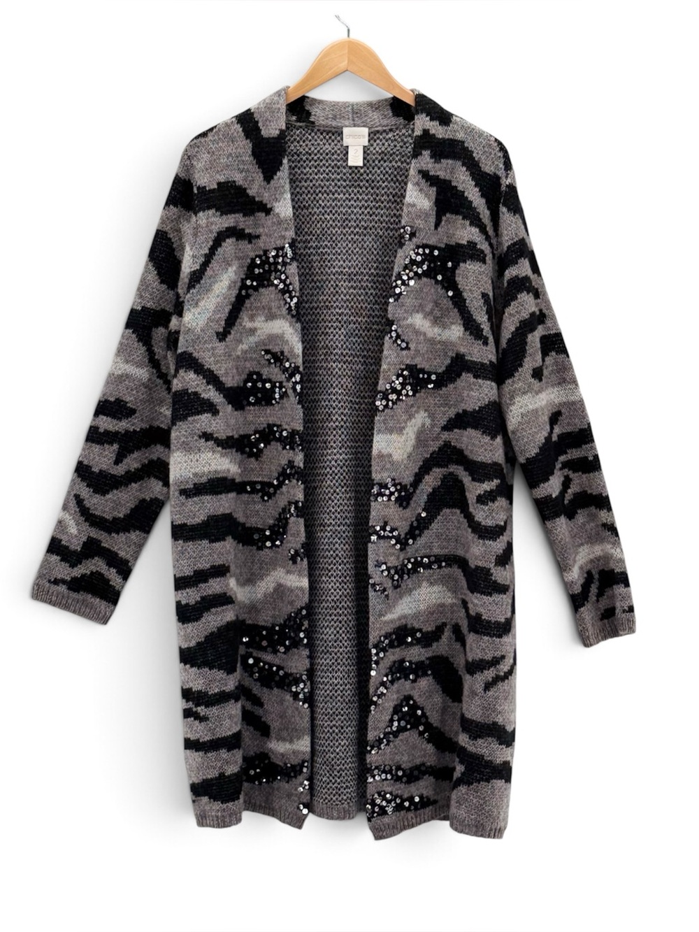 Chico’s Sequin Animal Print Long Cardigan Wool Mohair Sweater Gray Black Womens